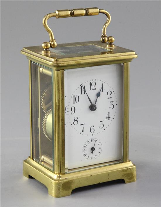 A lacquered brass carriage alarm timepiece, 11.5cm